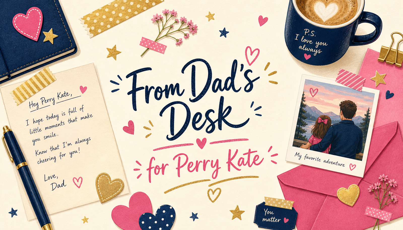 From Dad's Desk for Perry Kate — illustrated desk header with a letter, coffee, and hearts